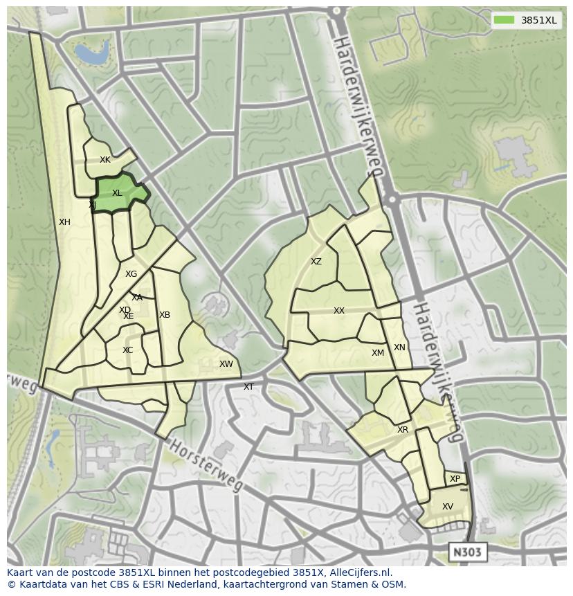 Afbeelding van het postcodegebied 3851 XL op de kaart.