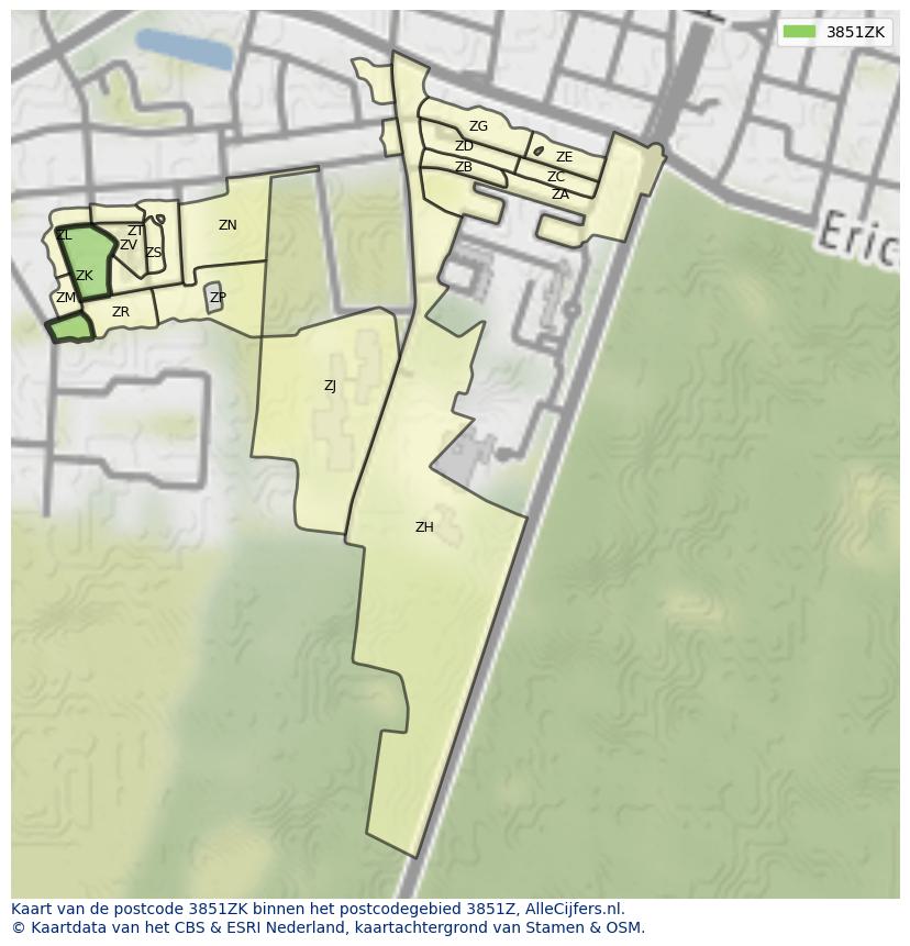 Afbeelding van het postcodegebied 3851 ZK op de kaart.