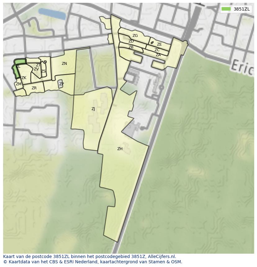 Afbeelding van het postcodegebied 3851 ZL op de kaart.