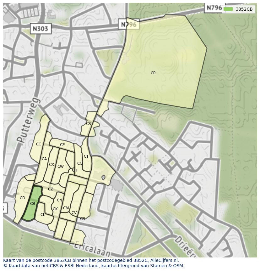 Afbeelding van het postcodegebied 3852 CB op de kaart.