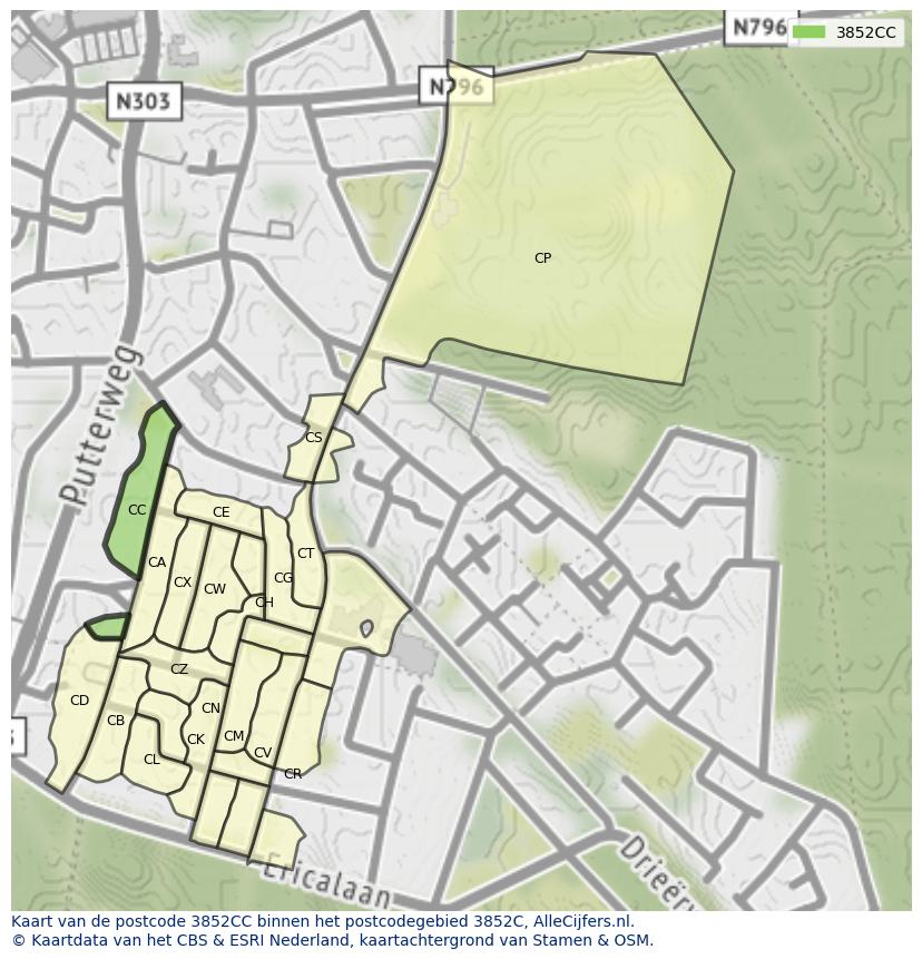 Afbeelding van het postcodegebied 3852 CC op de kaart.
