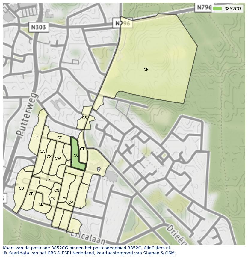 Afbeelding van het postcodegebied 3852 CG op de kaart.