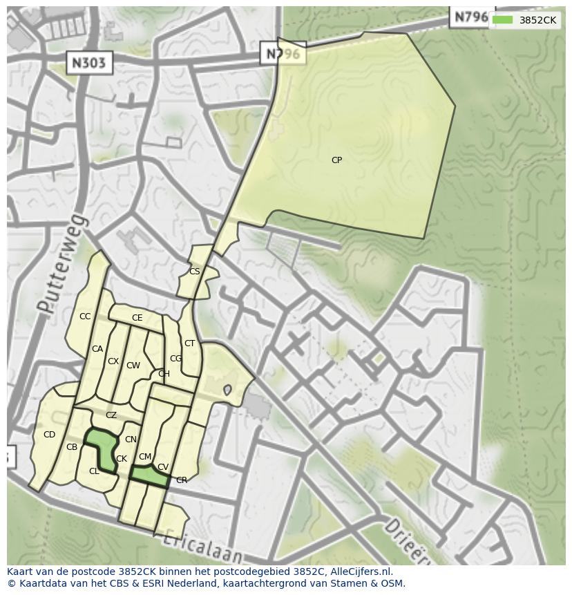 Afbeelding van het postcodegebied 3852 CK op de kaart.
