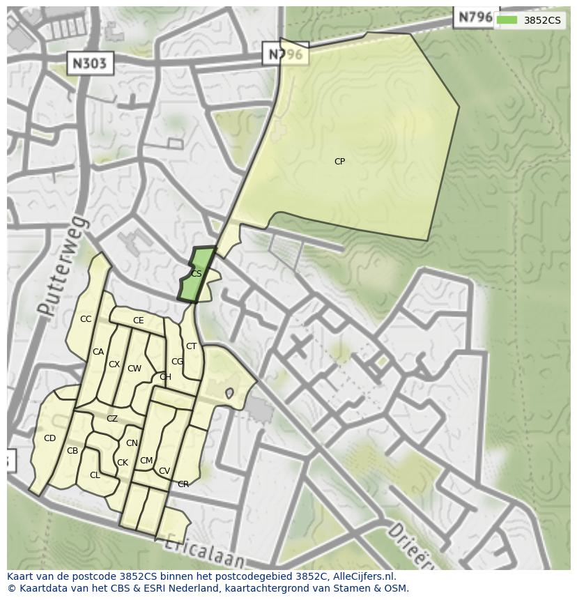 Afbeelding van het postcodegebied 3852 CS op de kaart.