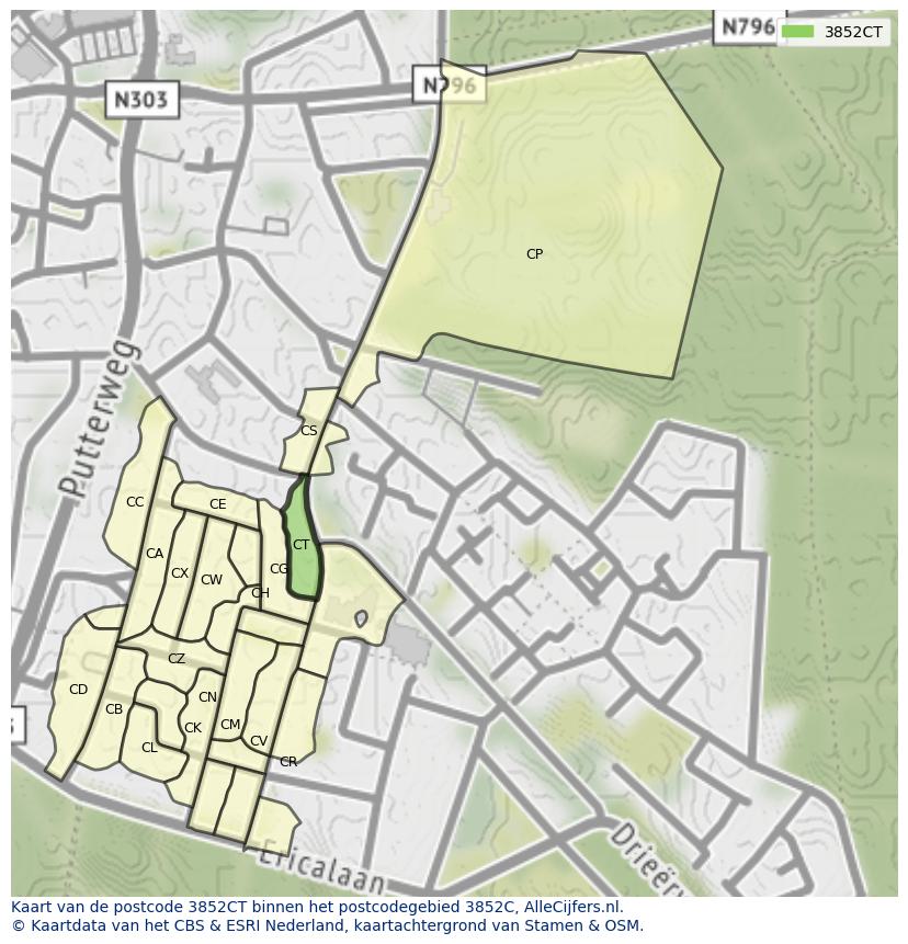Afbeelding van het postcodegebied 3852 CT op de kaart.