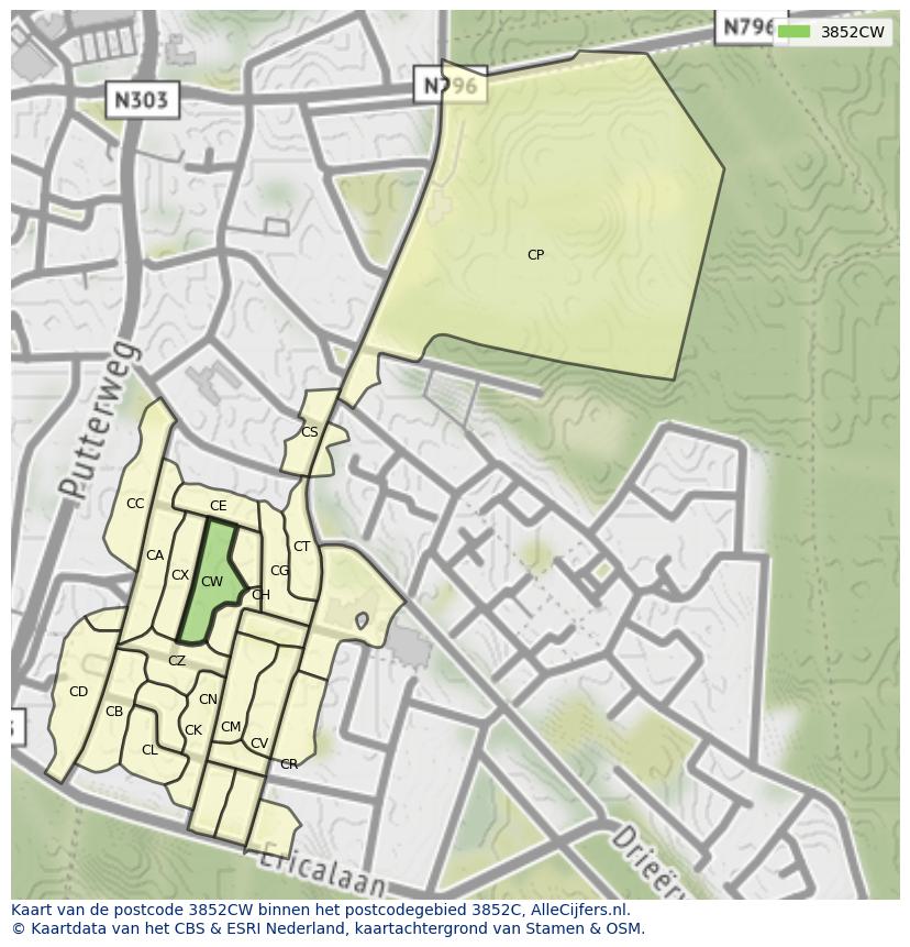 Afbeelding van het postcodegebied 3852 CW op de kaart.