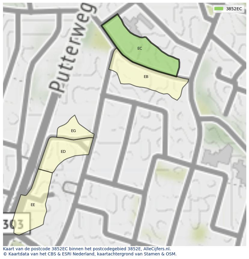 Afbeelding van het postcodegebied 3852 EC op de kaart.