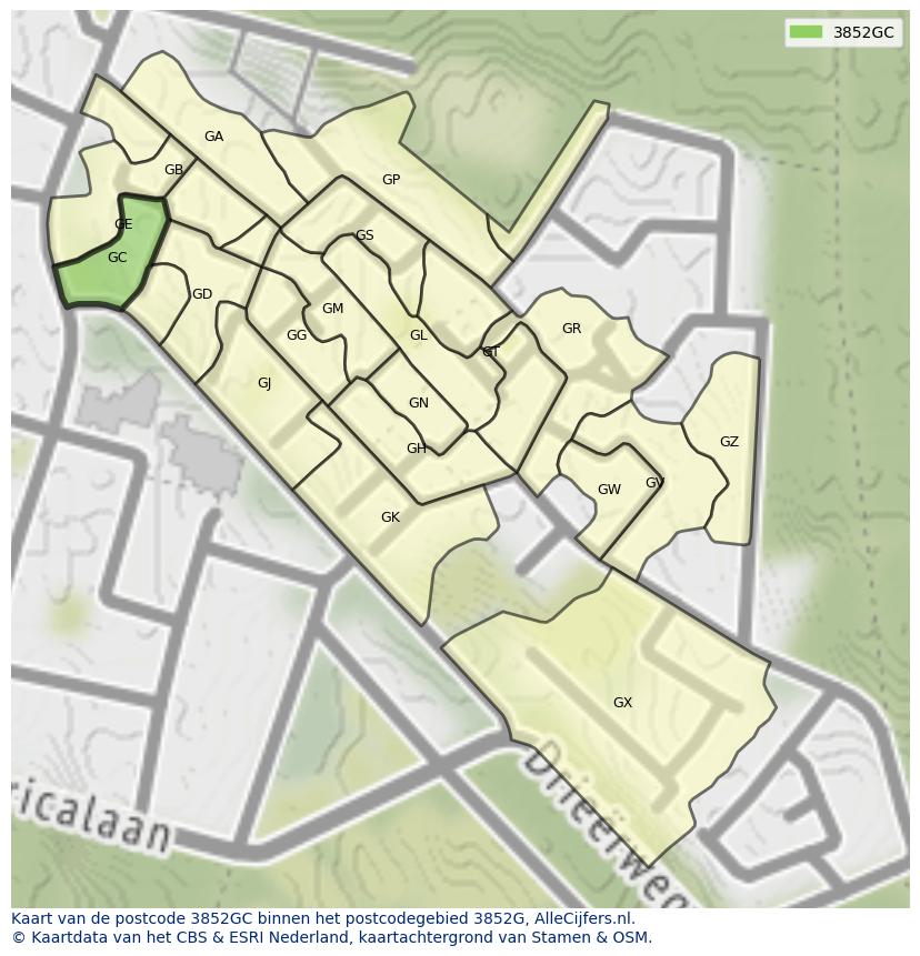 Afbeelding van het postcodegebied 3852 GC op de kaart.
