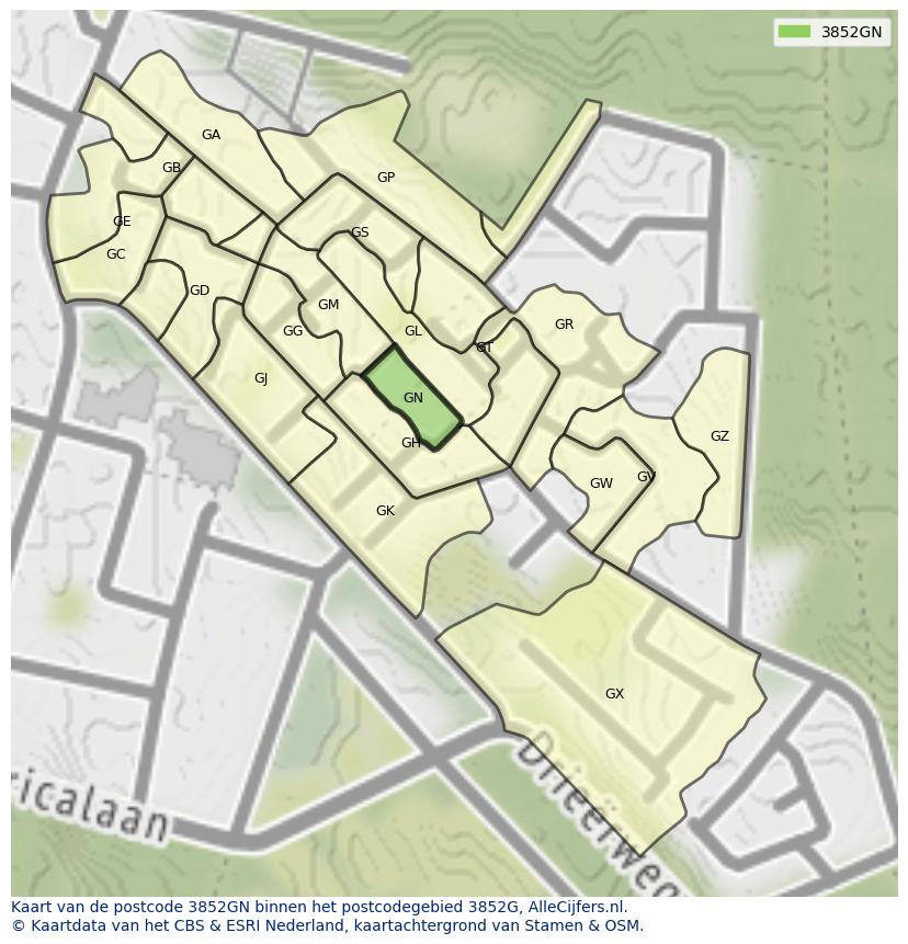 Afbeelding van het postcodegebied 3852 GN op de kaart.