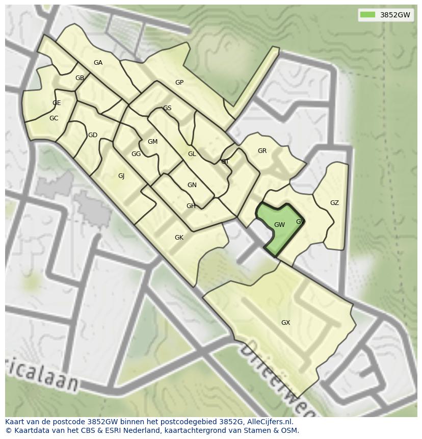 Afbeelding van het postcodegebied 3852 GW op de kaart.