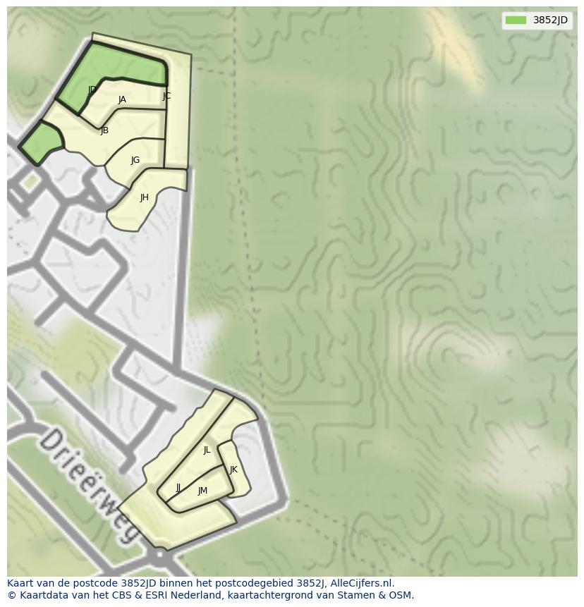 Afbeelding van het postcodegebied 3852 JD op de kaart.