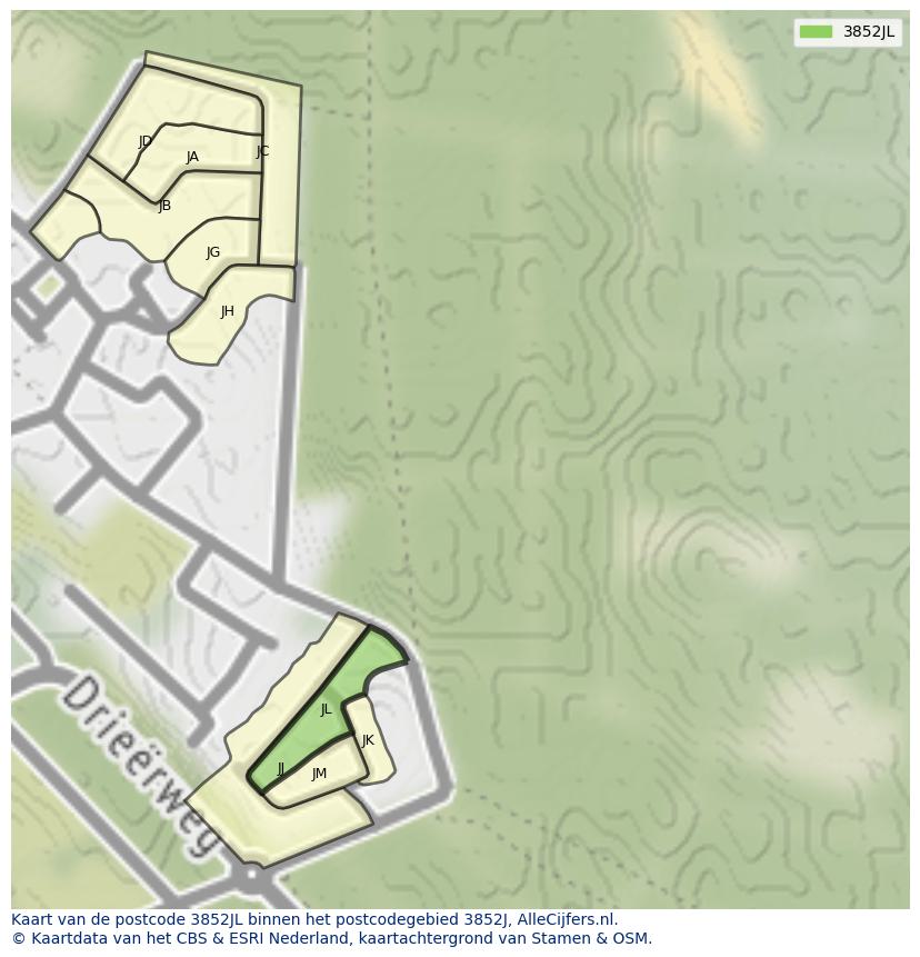 Afbeelding van het postcodegebied 3852 JL op de kaart.