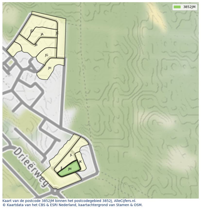 Afbeelding van het postcodegebied 3852 JM op de kaart.