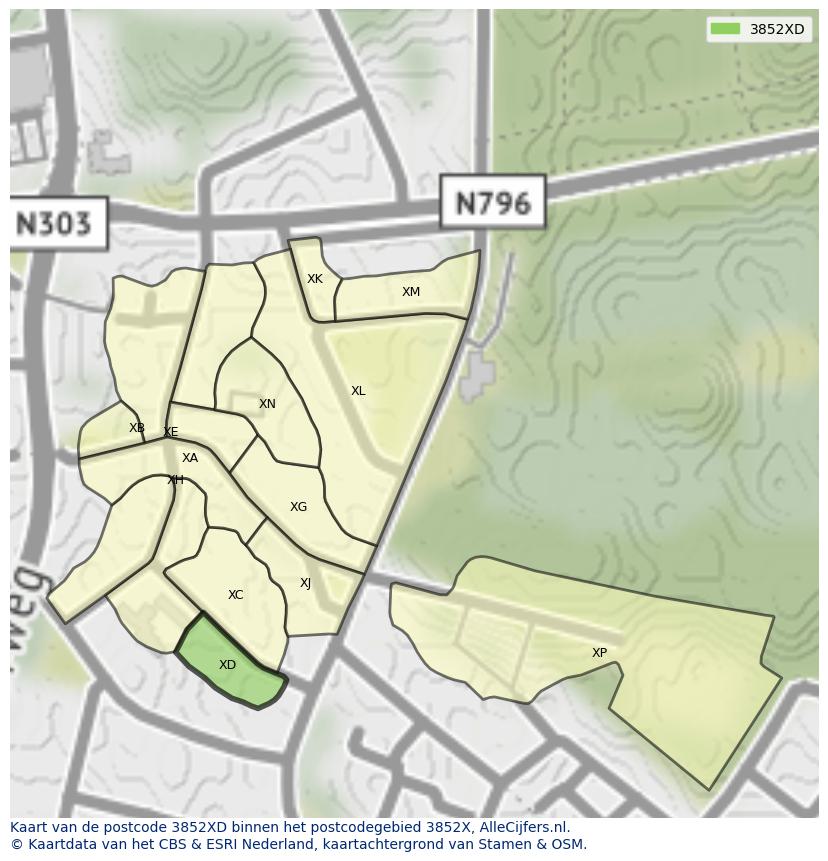Afbeelding van het postcodegebied 3852 XD op de kaart.