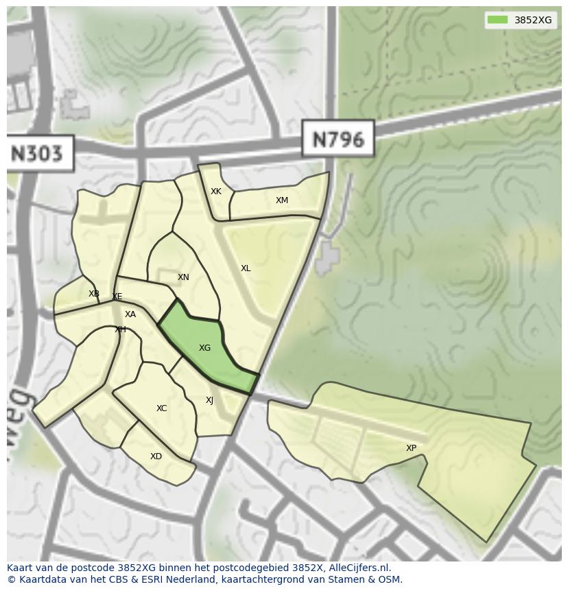Afbeelding van het postcodegebied 3852 XG op de kaart.