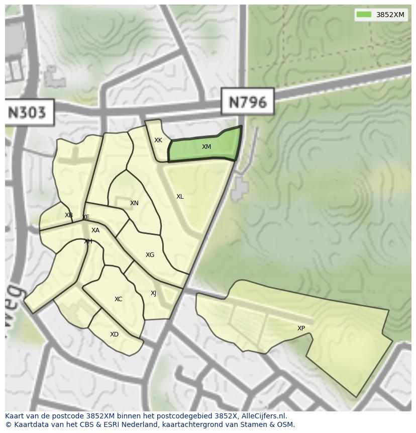 Afbeelding van het postcodegebied 3852 XM op de kaart.