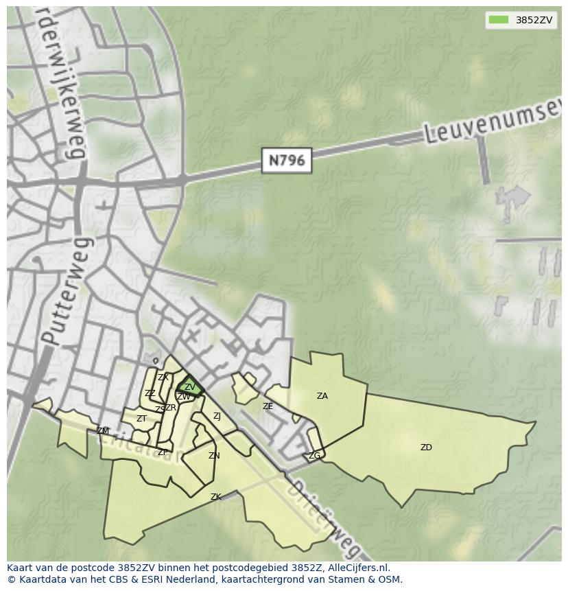 Afbeelding van het postcodegebied 3852 ZV op de kaart.