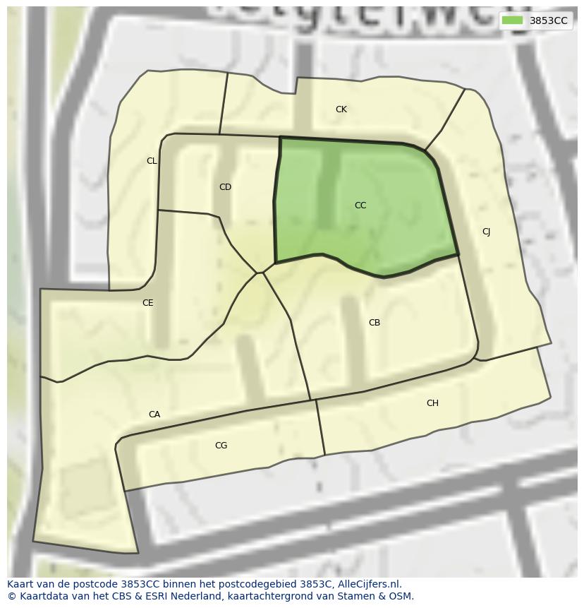 Afbeelding van het postcodegebied 3853 CC op de kaart.