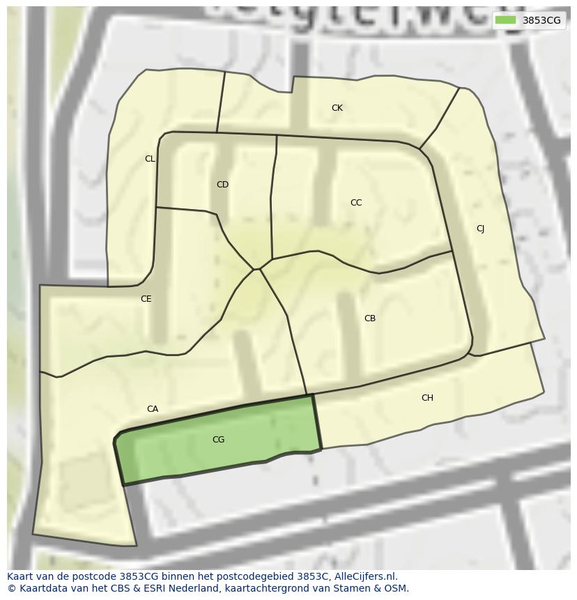 Afbeelding van het postcodegebied 3853 CG op de kaart.