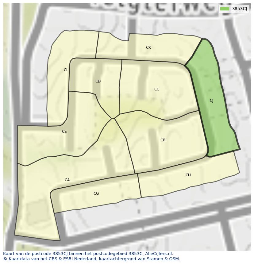Afbeelding van het postcodegebied 3853 CJ op de kaart.