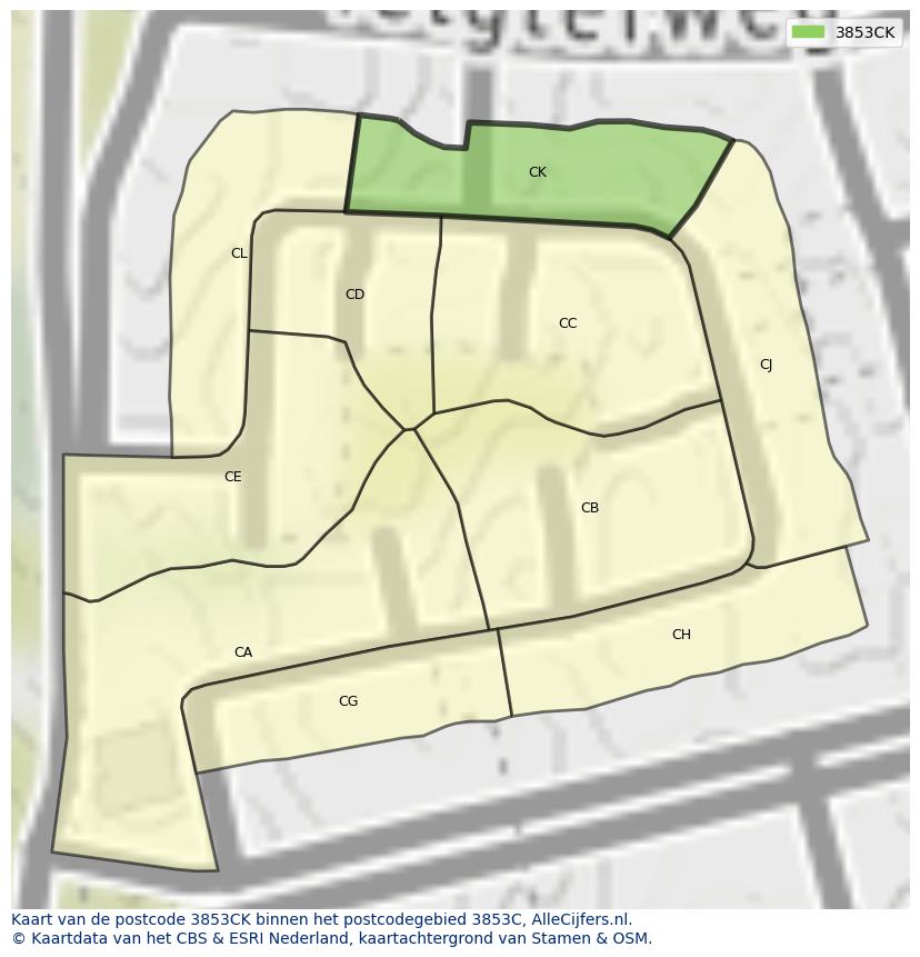 Afbeelding van het postcodegebied 3853 CK op de kaart.