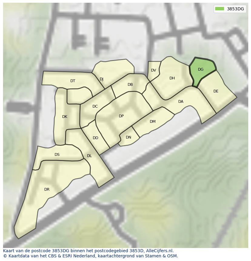 Afbeelding van het postcodegebied 3853 DG op de kaart.