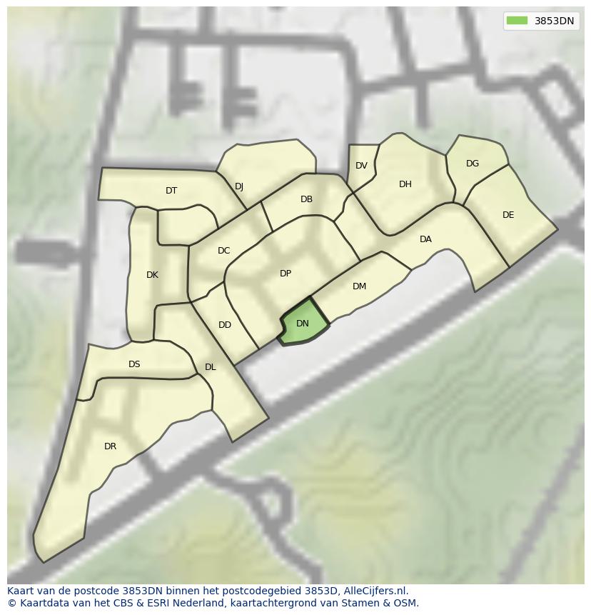 Afbeelding van het postcodegebied 3853 DN op de kaart.