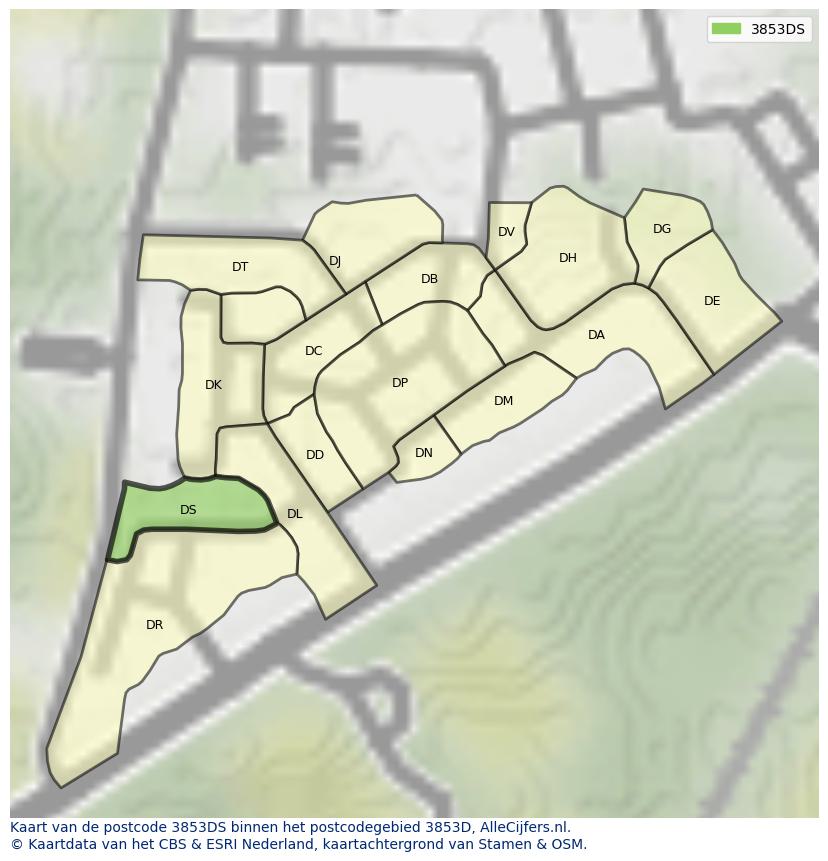 Afbeelding van het postcodegebied 3853 DS op de kaart.