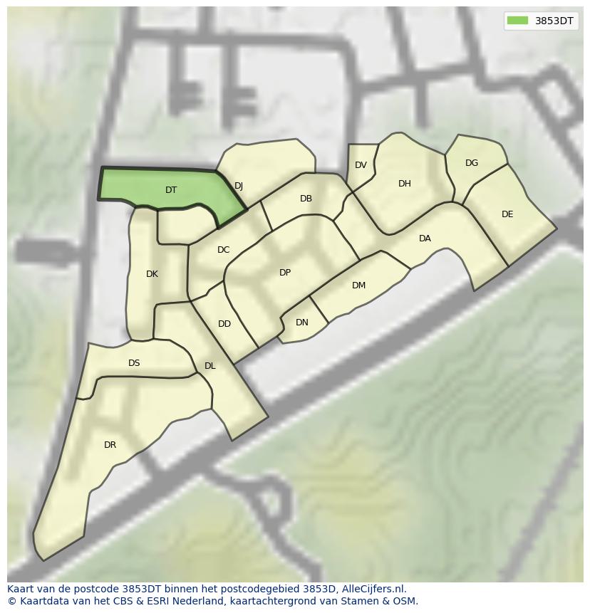 Afbeelding van het postcodegebied 3853 DT op de kaart.