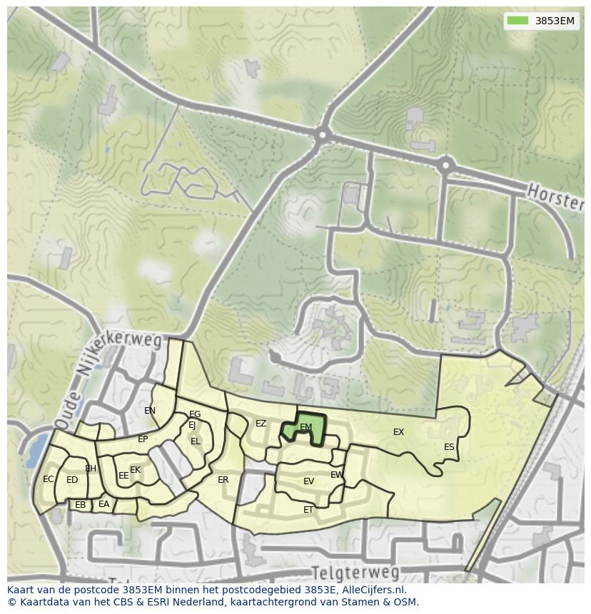 Afbeelding van het postcodegebied 3853 EM op de kaart.