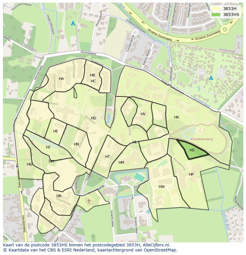 Afbeelding van het postcodegebied 3853 HS op de kaart.
