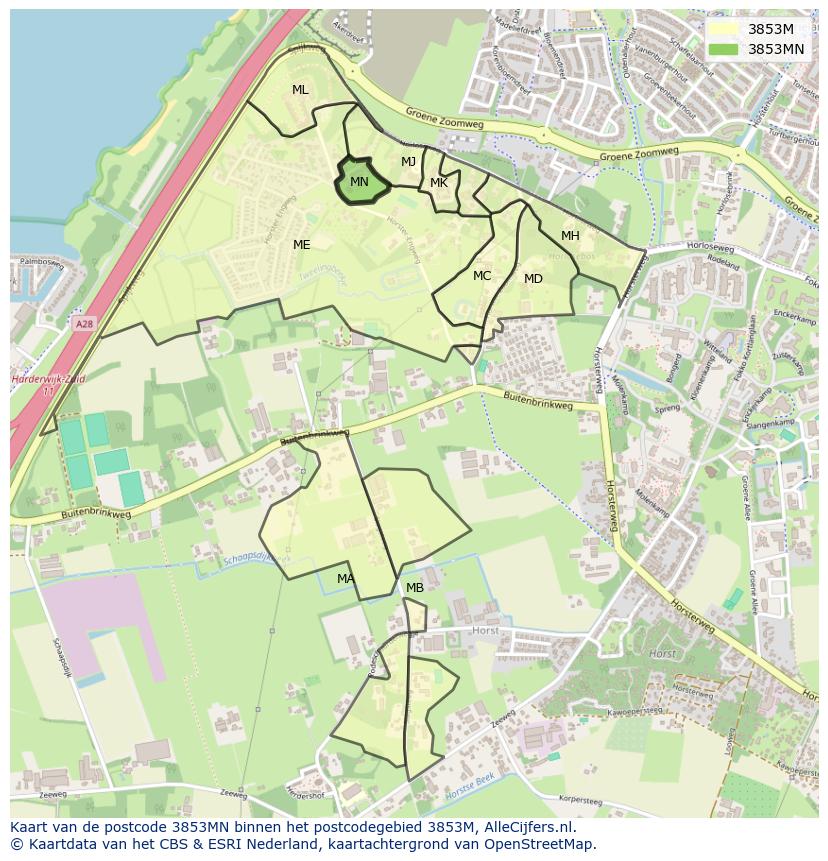 Afbeelding van het postcodegebied 3853 MN op de kaart.