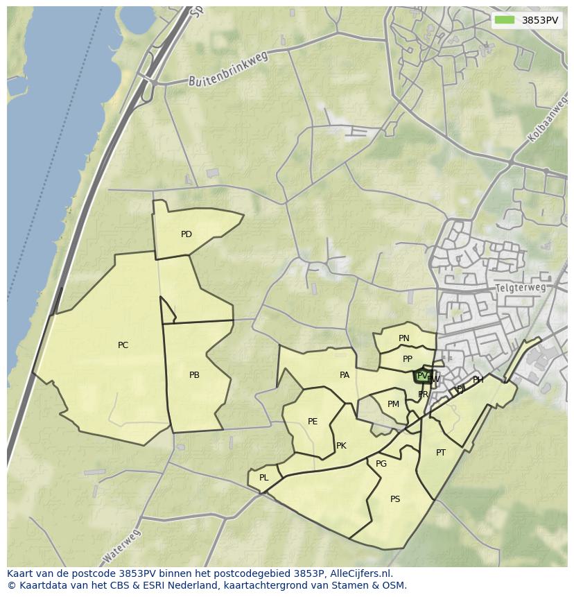 Afbeelding van het postcodegebied 3853 PV op de kaart.