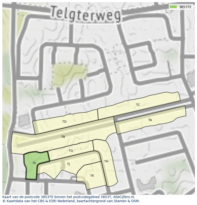 Afbeelding van het postcodegebied 3853 TE op de kaart.