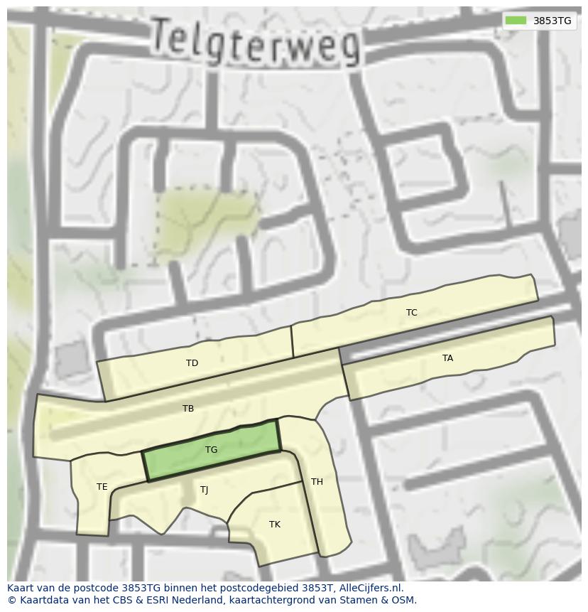 Afbeelding van het postcodegebied 3853 TG op de kaart.