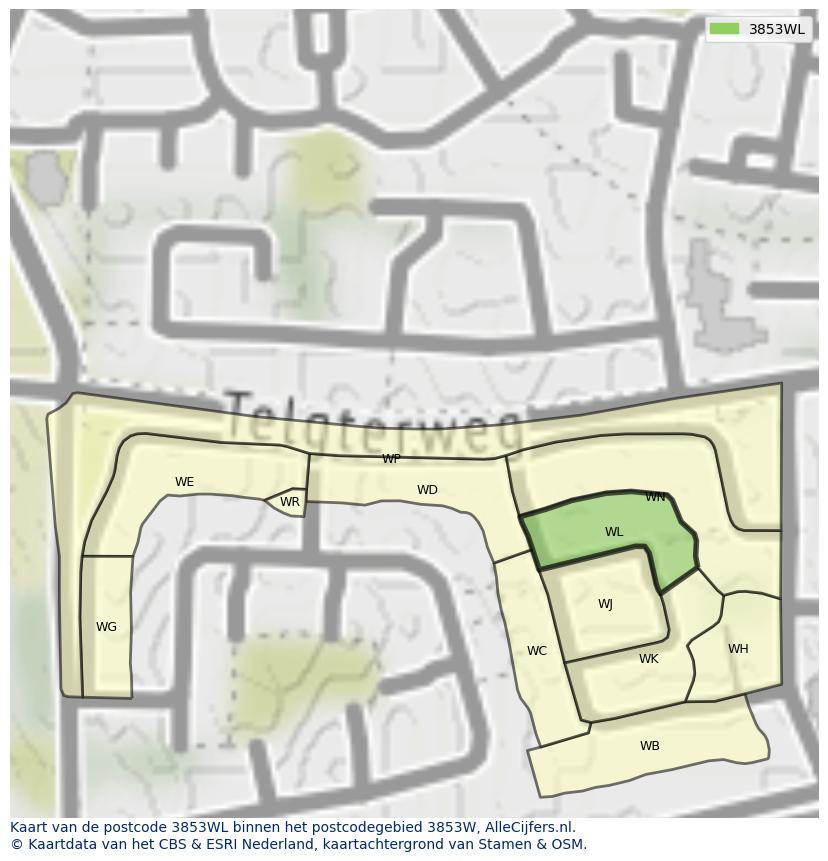 Afbeelding van het postcodegebied 3853 WL op de kaart.