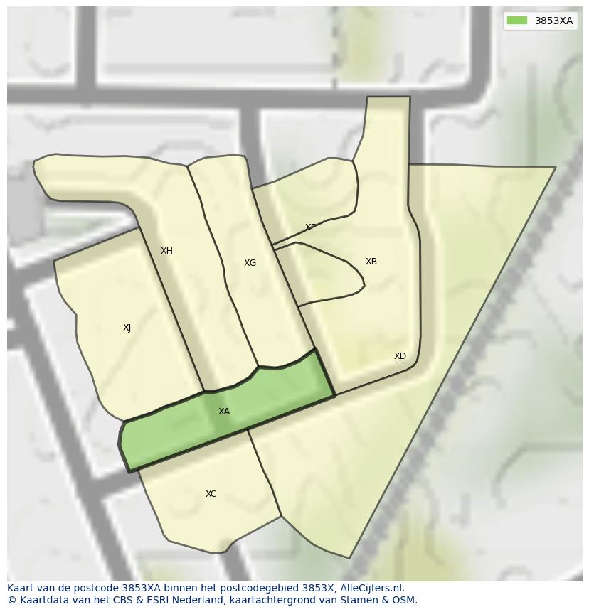 Afbeelding van het postcodegebied 3853 XA op de kaart.