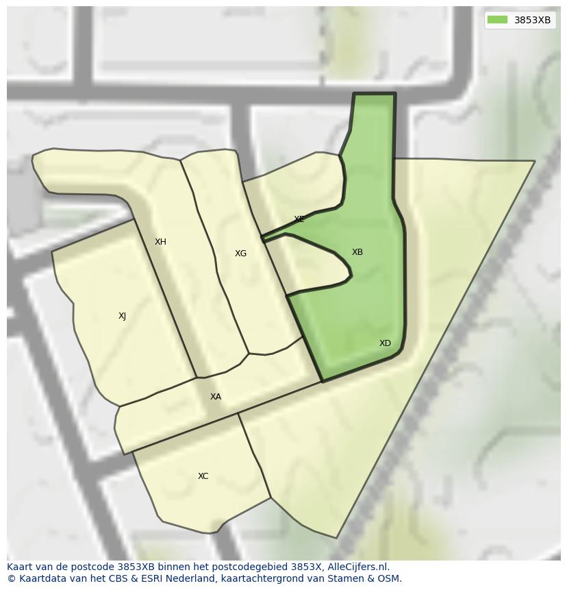 Afbeelding van het postcodegebied 3853 XB op de kaart.