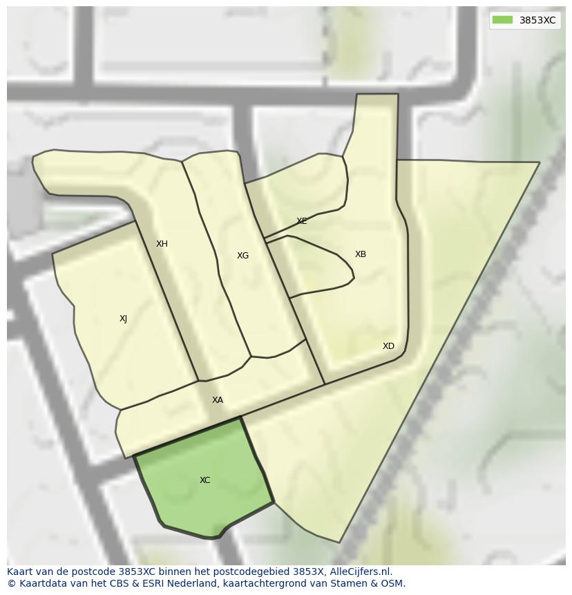 Afbeelding van het postcodegebied 3853 XC op de kaart.