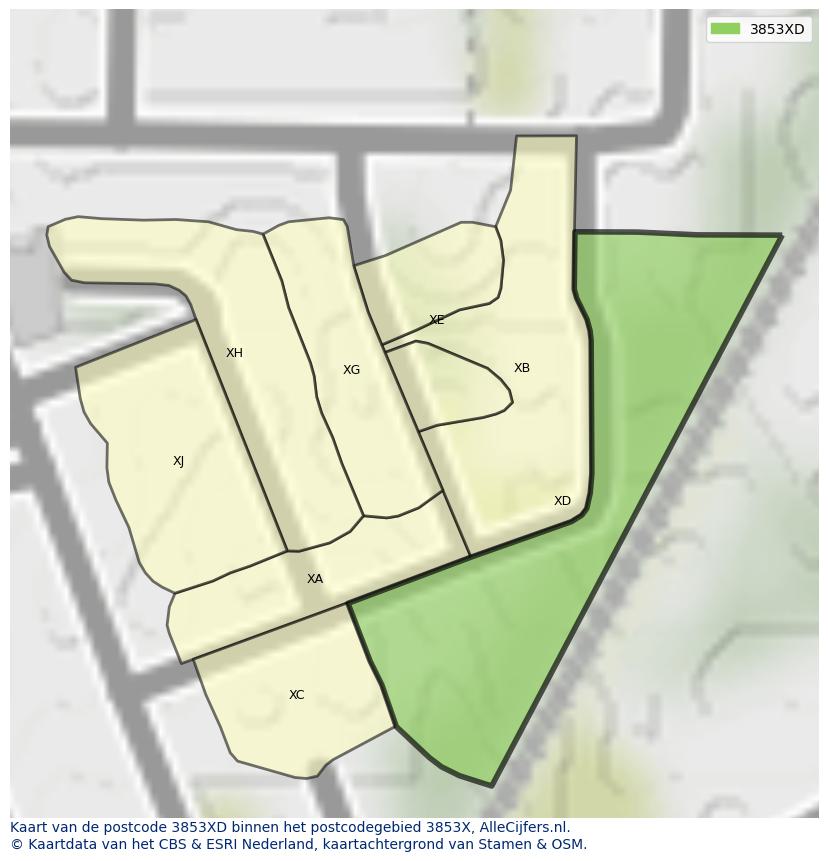 Afbeelding van het postcodegebied 3853 XD op de kaart.