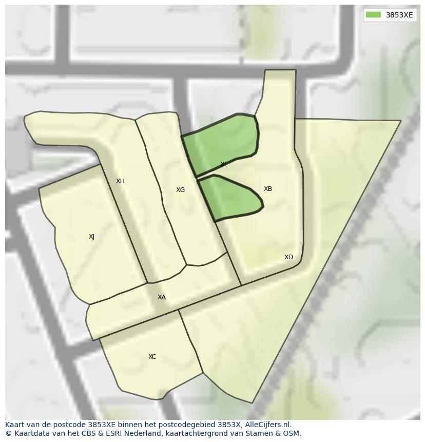 Afbeelding van het postcodegebied 3853 XE op de kaart.