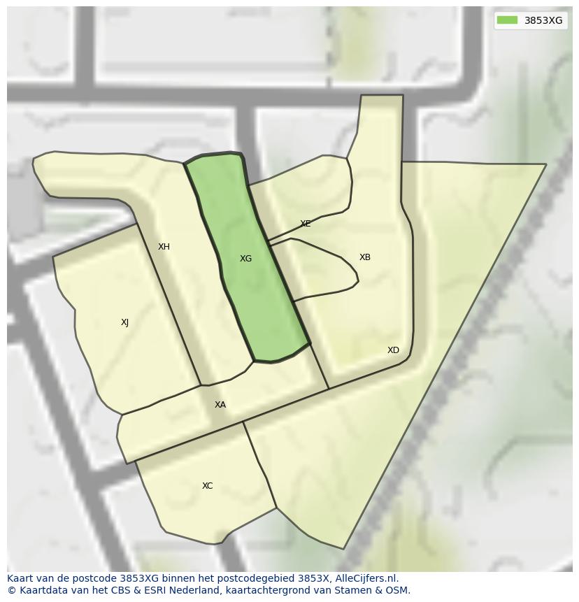 Afbeelding van het postcodegebied 3853 XG op de kaart.