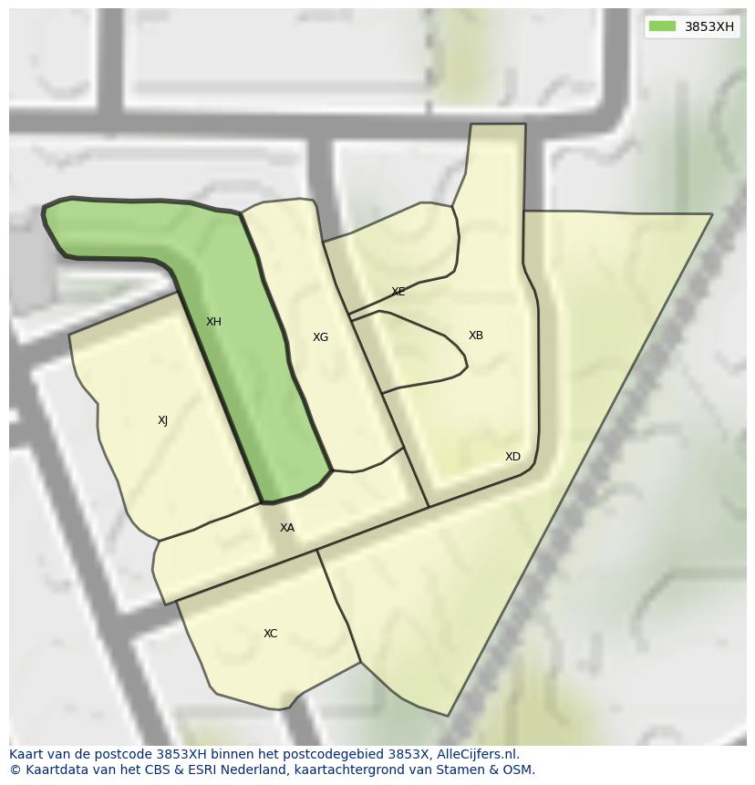 Afbeelding van het postcodegebied 3853 XH op de kaart.