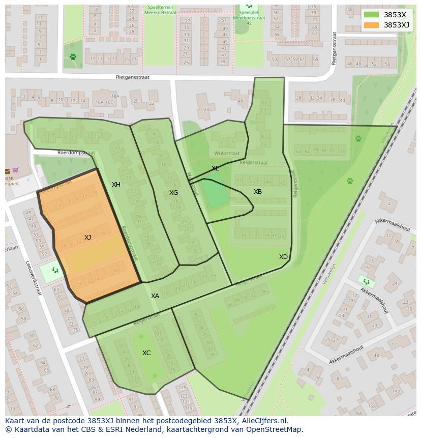 Afbeelding van het postcodegebied 3853 XJ op de kaart.