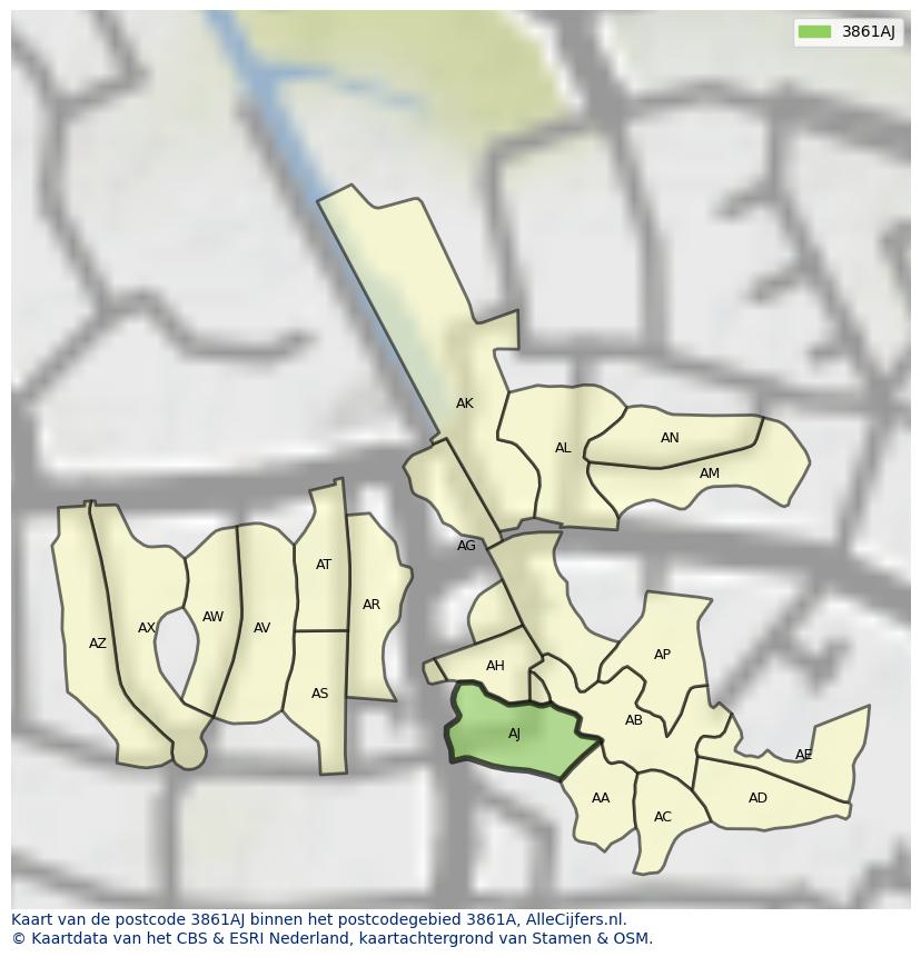 Afbeelding van het postcodegebied 3861 AJ op de kaart.