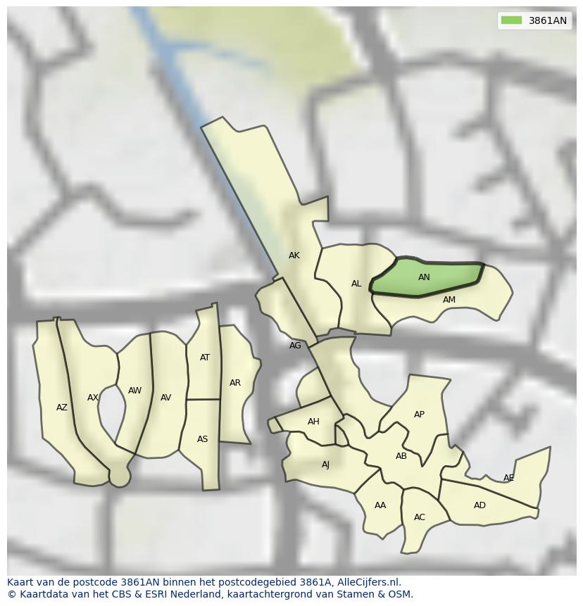 Afbeelding van het postcodegebied 3861 AN op de kaart.