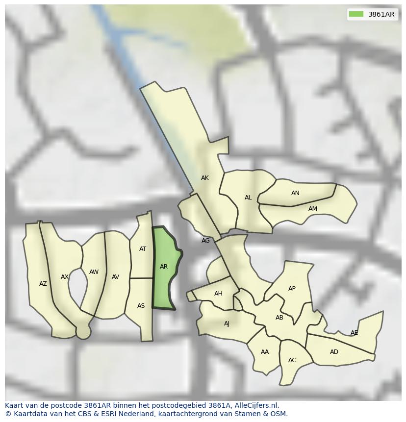 Afbeelding van het postcodegebied 3861 AR op de kaart.