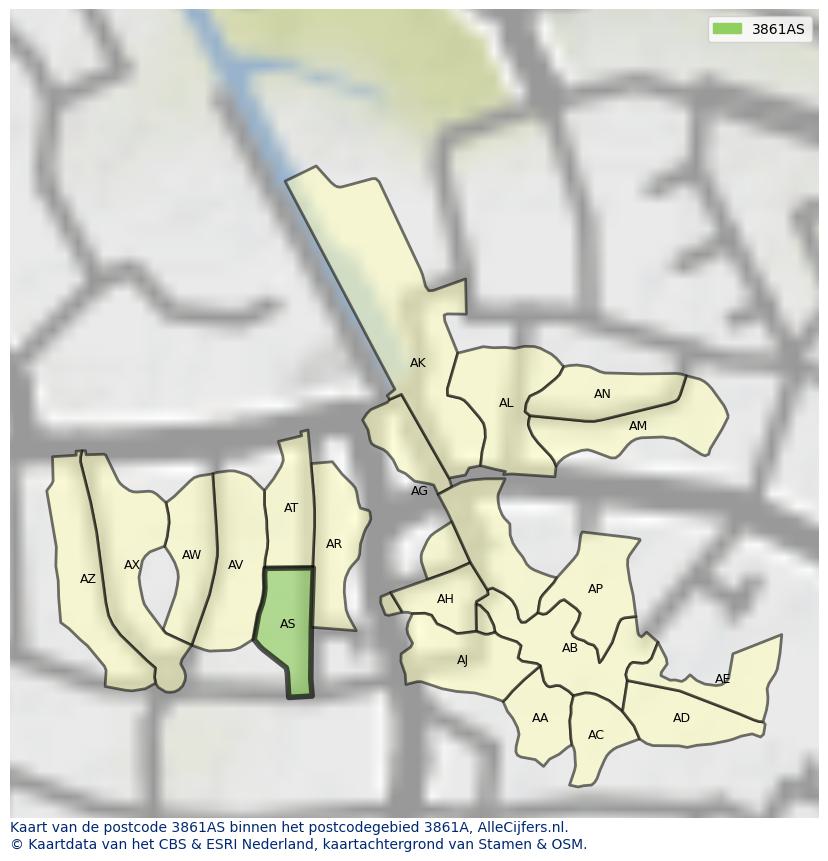 Afbeelding van het postcodegebied 3861 AS op de kaart.