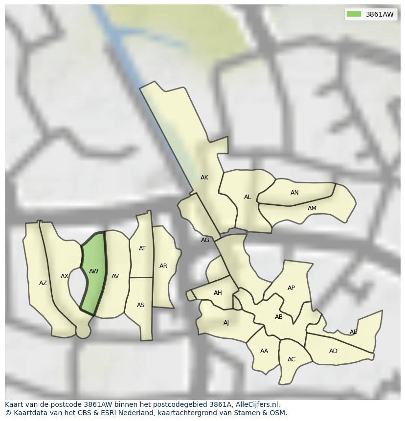 Afbeelding van het postcodegebied 3861 AW op de kaart.