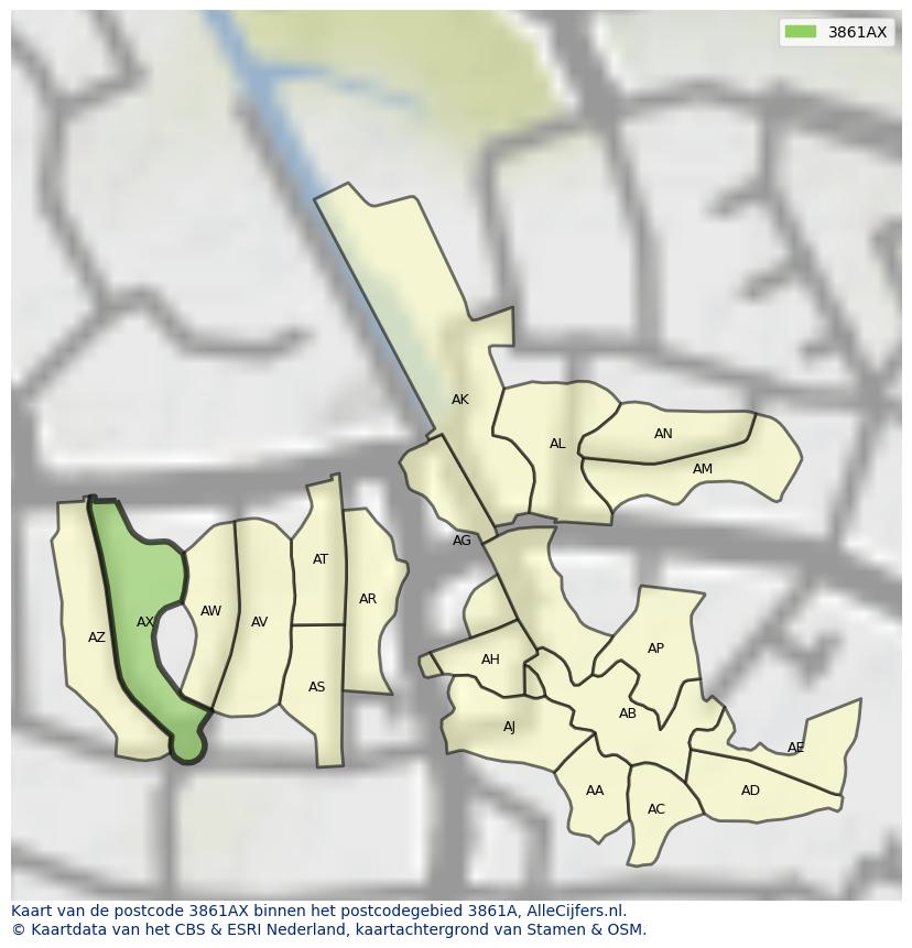 Afbeelding van het postcodegebied 3861 AX op de kaart.